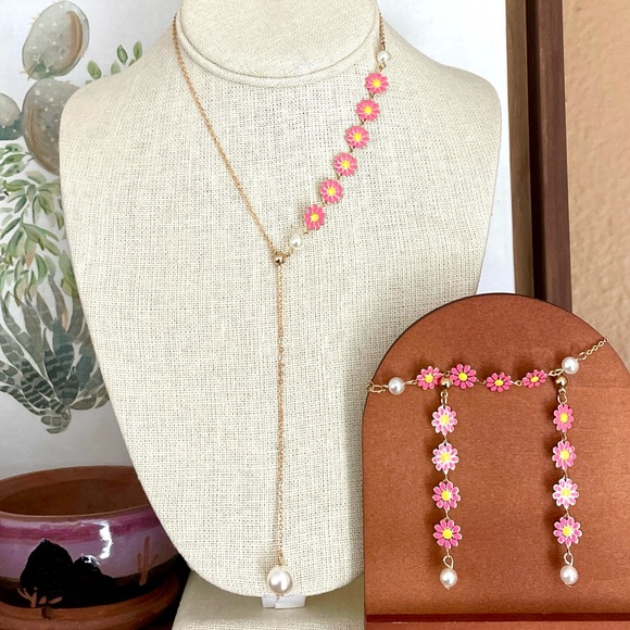 Red Saguaro Trading Post Jewelry - Asymmetric Pink Daisy Chain Lariat Necklace, Earrings & Bracelet Set